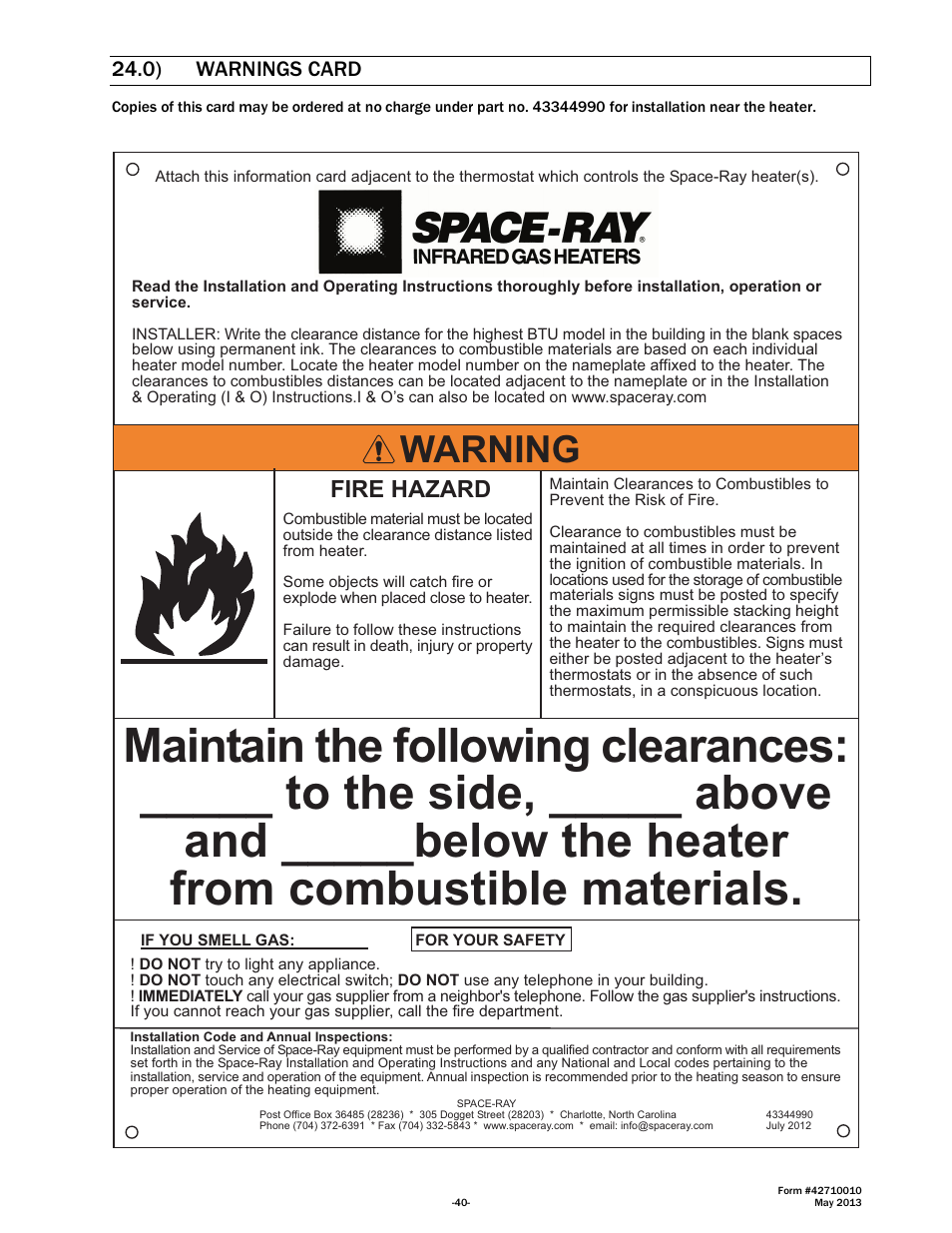 Warning, Fire hazard, 0) warnings card | Space Ray LTU Series Two Stage User Manual | Page 42 / 42