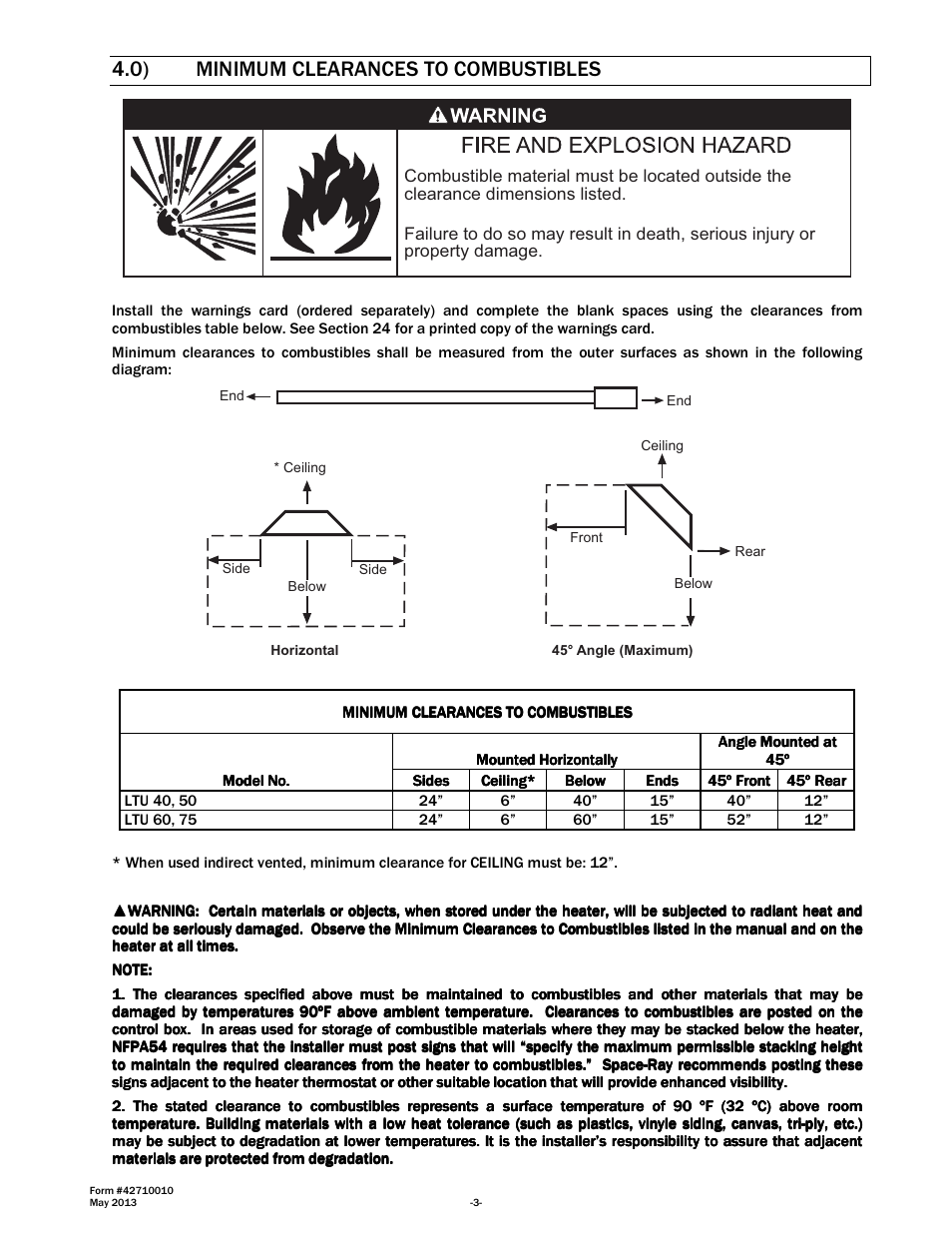 0) minimum clearances to combustibles | Space Ray LTU Series Two Stage User Manual | Page 5 / 42
