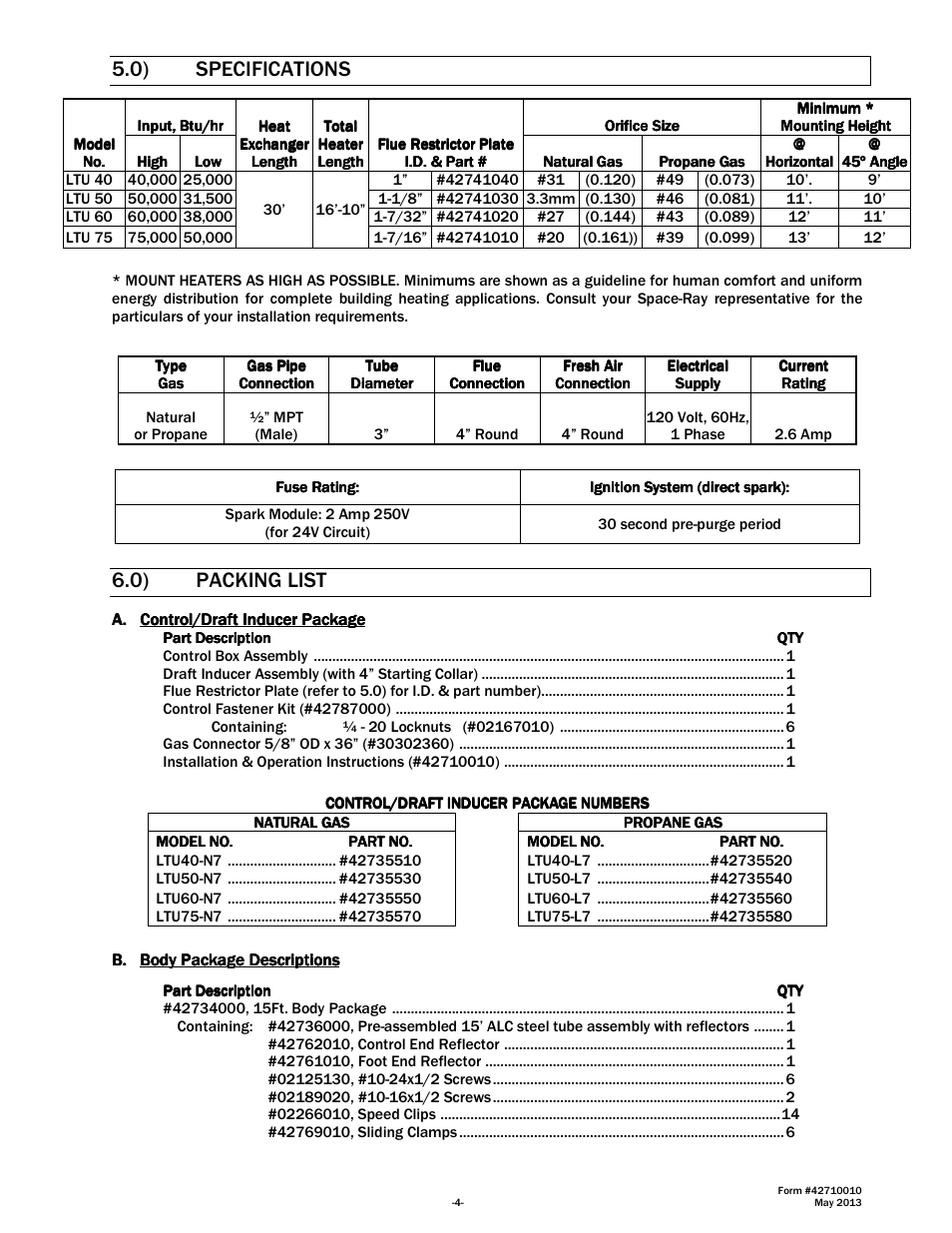 0) specifications, 0) packing list | Space Ray LTU Series Two Stage User Manual | Page 6 / 42