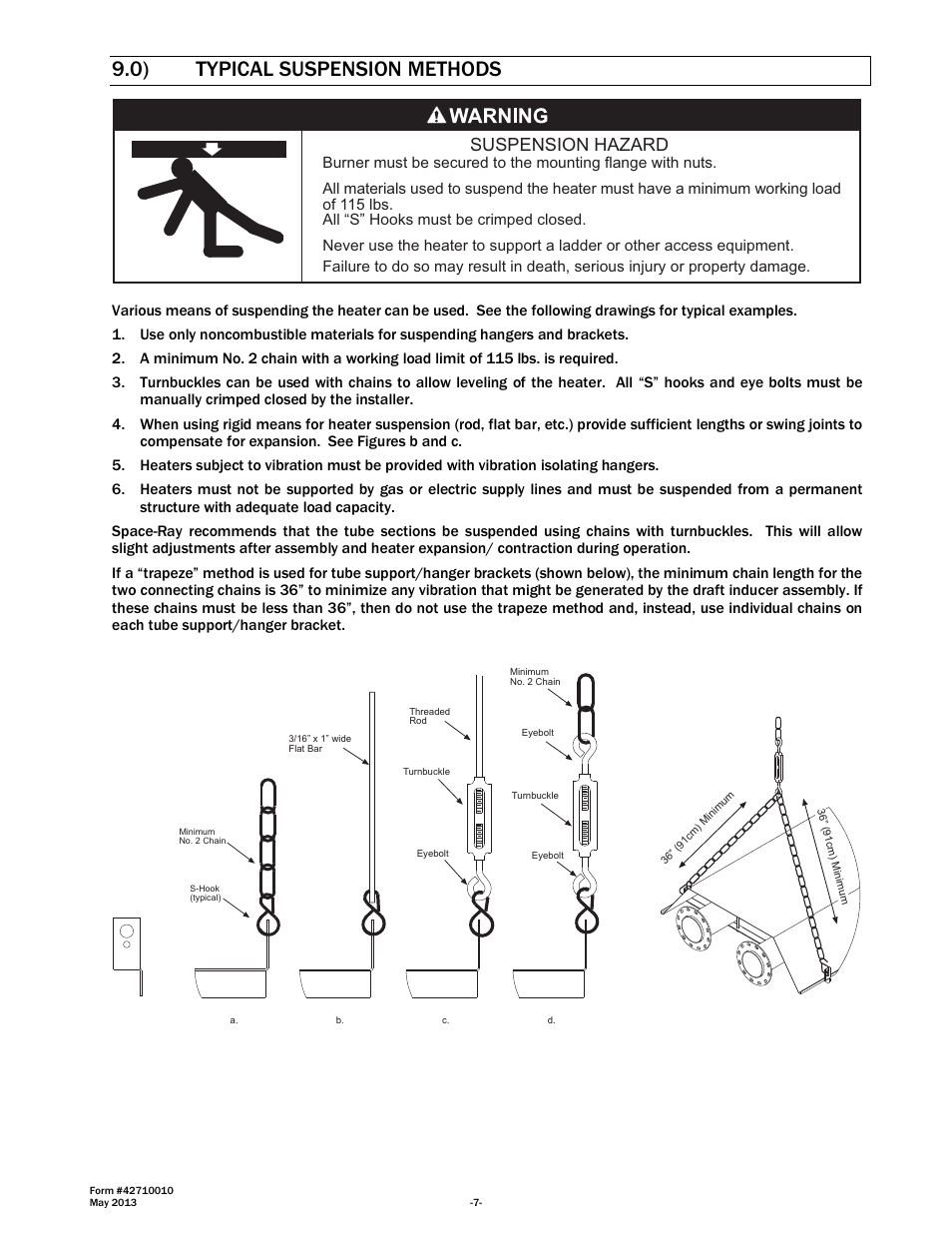 0) typical suspension methods, Suspension hazard | Space Ray LTU Series Two Stage User Manual | Page 9 / 42