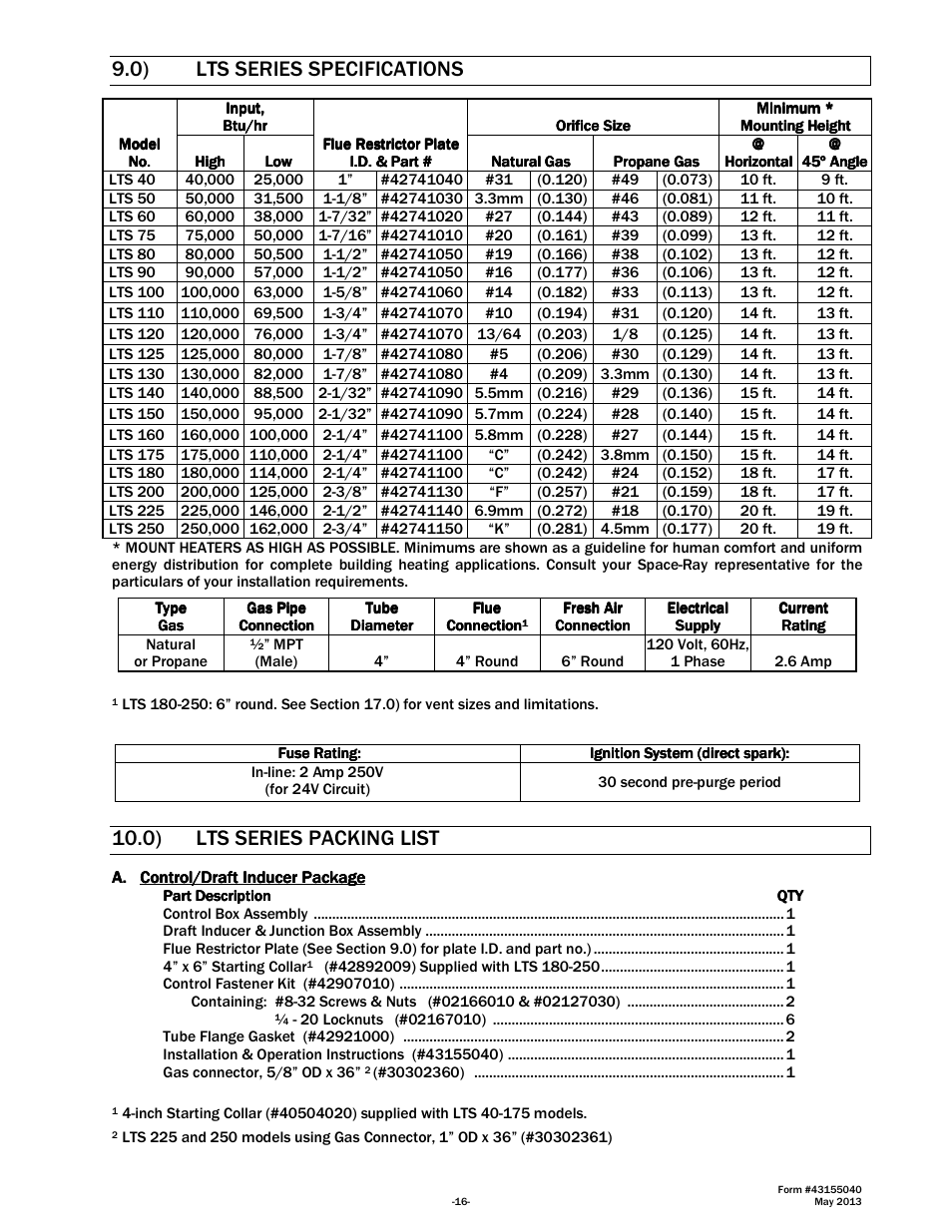 0) lts series specifications, 0) lts series packing list | Space Ray LTS Series Two Stage User Manual | Page 17 / 63