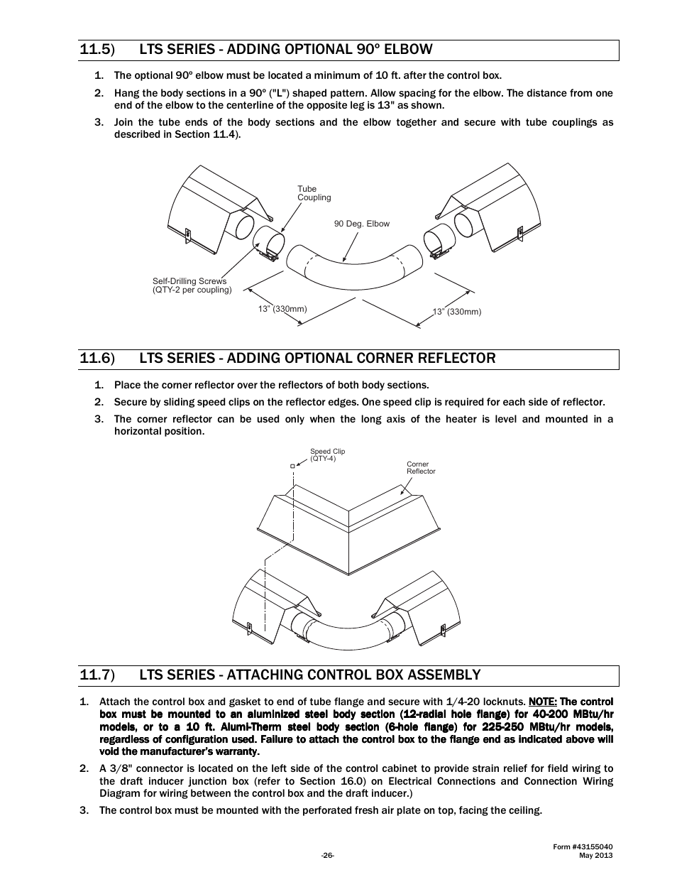 5) lts series - adding optional 90º elbow, 6) lts series - adding optional corner reflector, 7) lts series - attaching control box assembly | Space Ray LTS Series Two Stage User Manual | Page 27 / 63