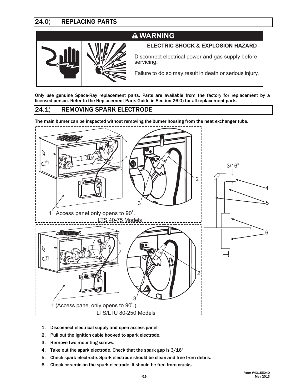 0) replacing parts, 1) removing spark electrode | Space Ray LTS Series Two Stage User Manual | Page 53 / 63