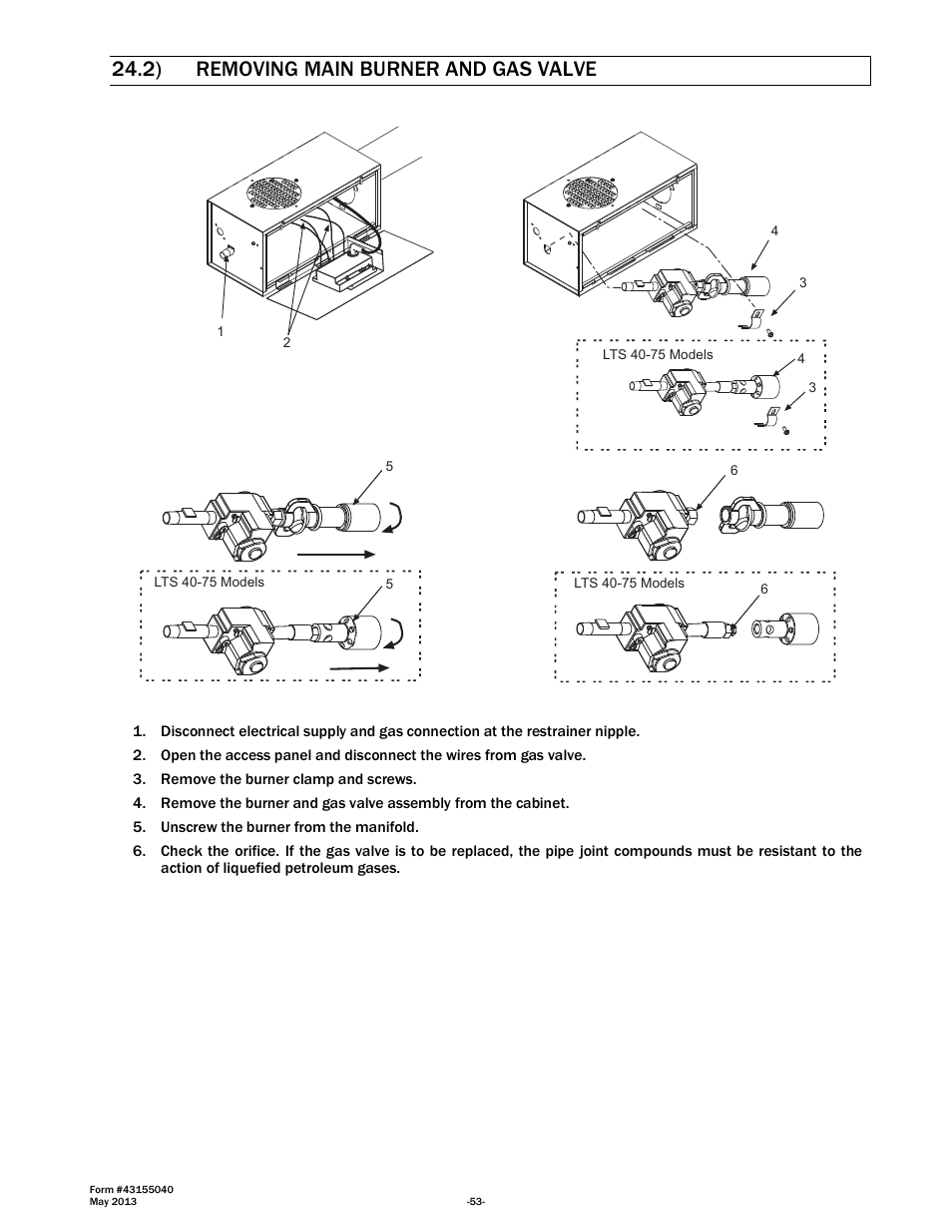 2) removing main burner and gas valve | Space Ray LTS Series Two Stage User Manual | Page 54 / 63
