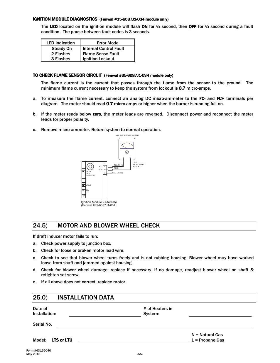 5) motor and blower wheel check, 0) installation data | Space Ray LTS Series Two Stage User Manual | Page 56 / 63