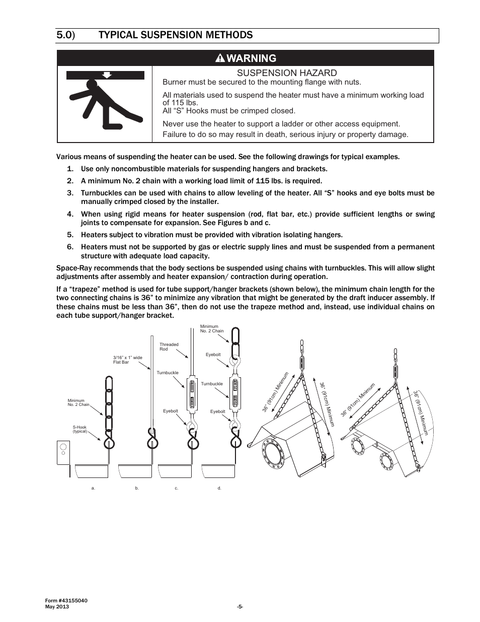 0) typical suspension methods, Suspension hazard | Space Ray LTS Series Two Stage User Manual | Page 6 / 63