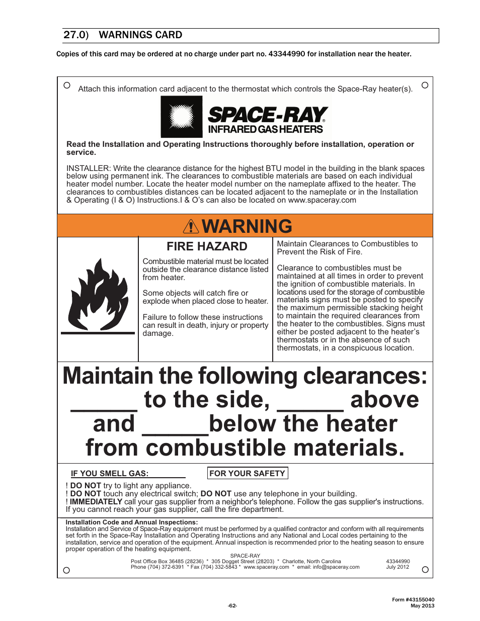 Warning, Fire hazard, 0) warnings card | Space Ray LTS Series Two Stage User Manual | Page 63 / 63