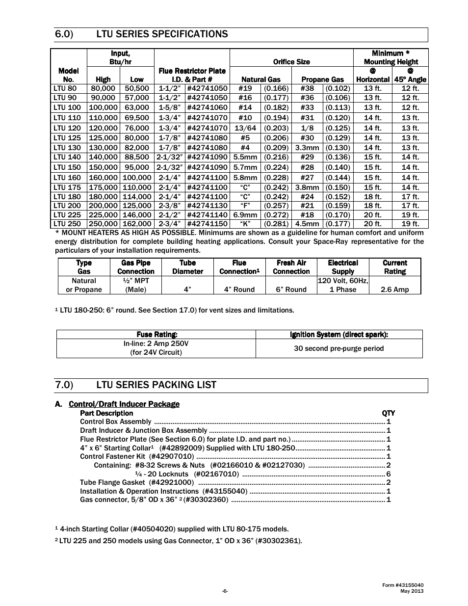 0) ltu series specifications, 0) ltu series packing list | Space Ray LTS Series Two Stage User Manual | Page 7 / 63