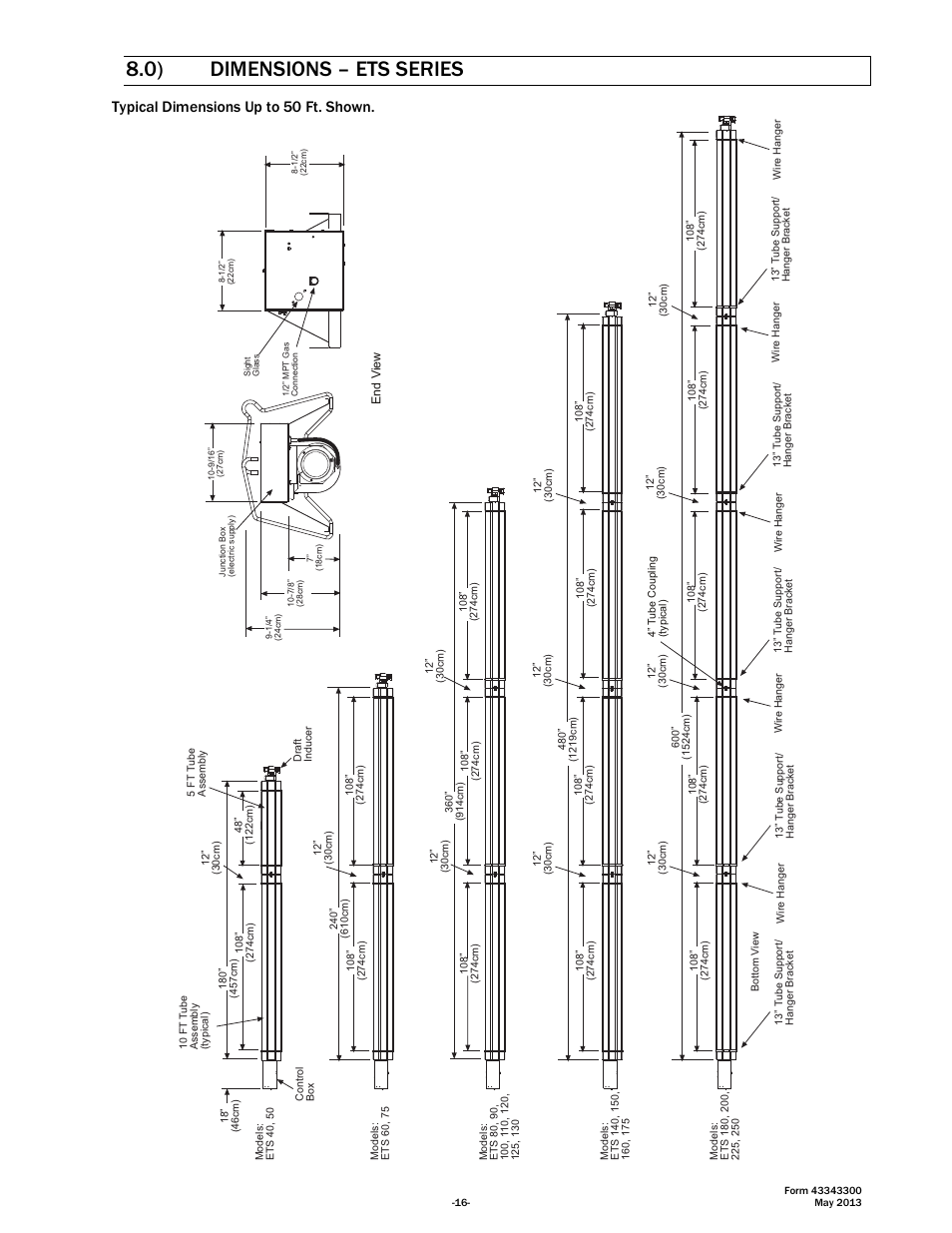 0) dimensions – ets series, Typical dimensions up to 50 ft. shown | Space Ray ETS Series User Manual | Page 17 / 60