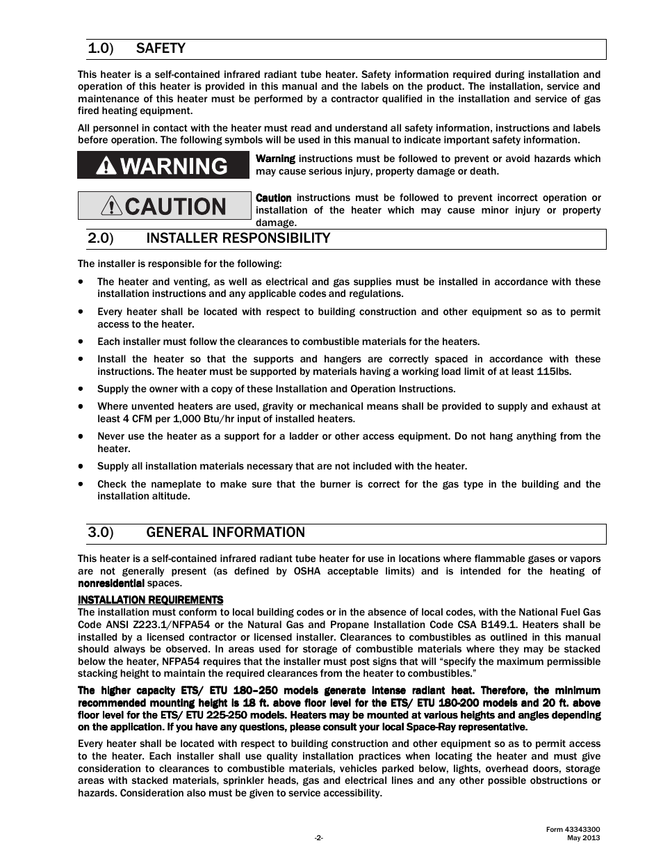 0) safety, 0) installer responsibility, 0) general information | Space Ray ETS Series User Manual | Page 3 / 60