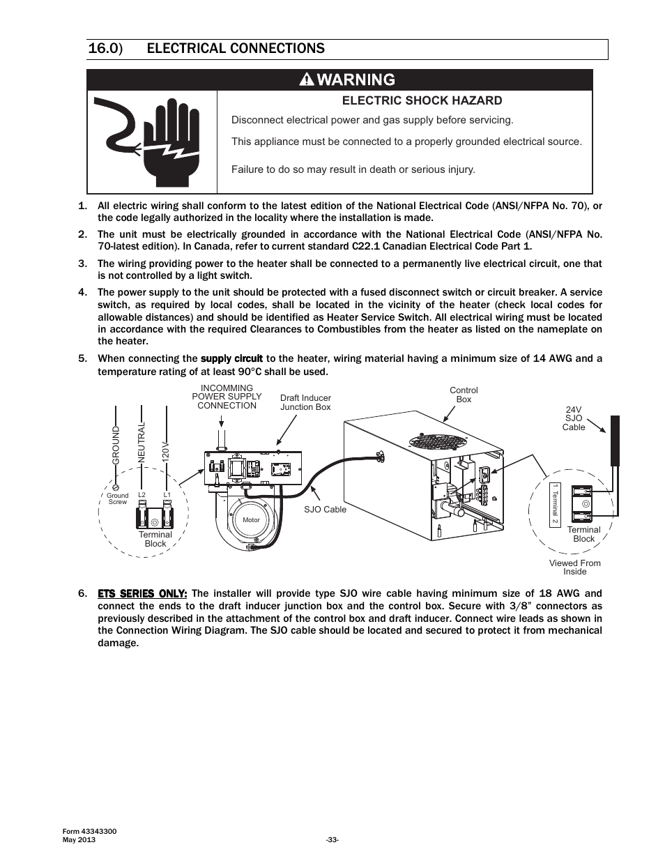 0) electrical connections, Electric shock hazard | Space Ray ETS Series User Manual | Page 34 / 60