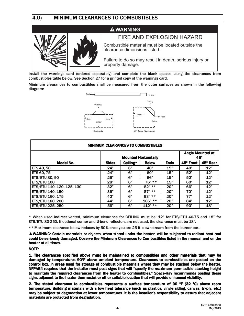 0) minimum clearances to combustibles | Space Ray ETS Series User Manual | Page 5 / 60