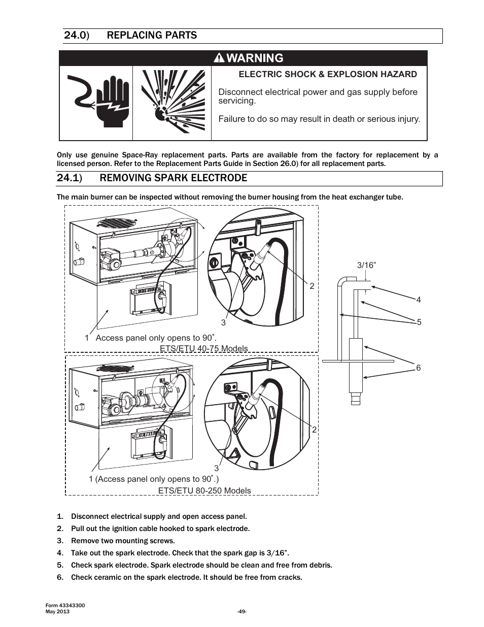 0) replacing parts, 1) removing spark electrode | Space Ray ETS Series User Manual | Page 50 / 60