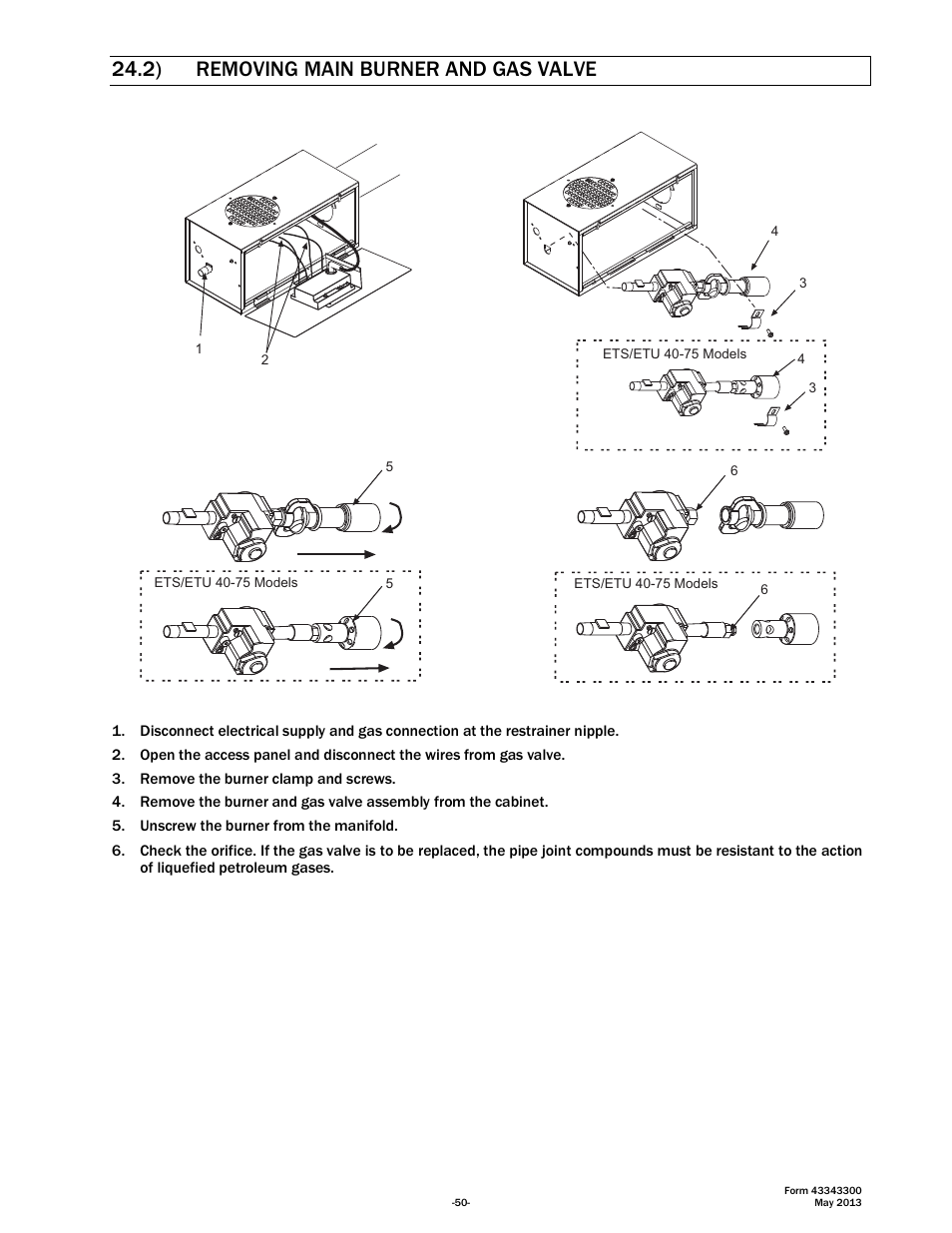 2) removing main burner and gas valve | Space Ray ETS Series User Manual | Page 51 / 60