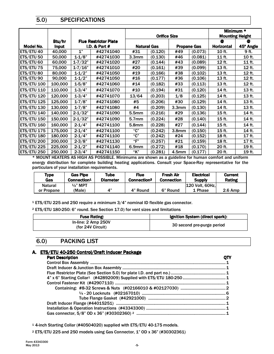 0) specifications, 0) packing list | Space Ray ETS Series User Manual | Page 6 / 60