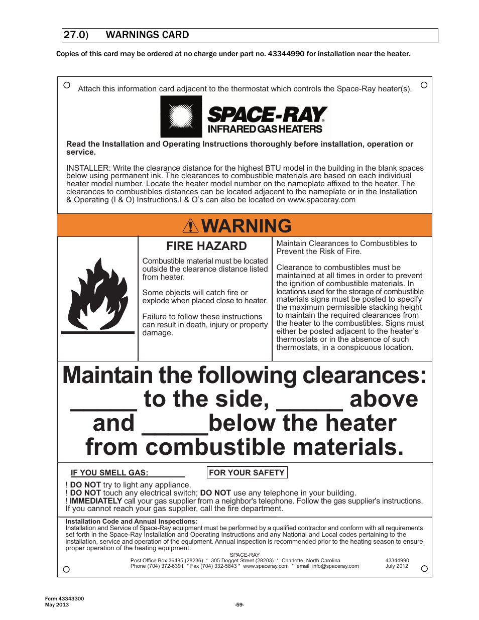 Warning, Fire hazard, 0) warnings card | Space Ray ETS Series User Manual | Page 60 / 60