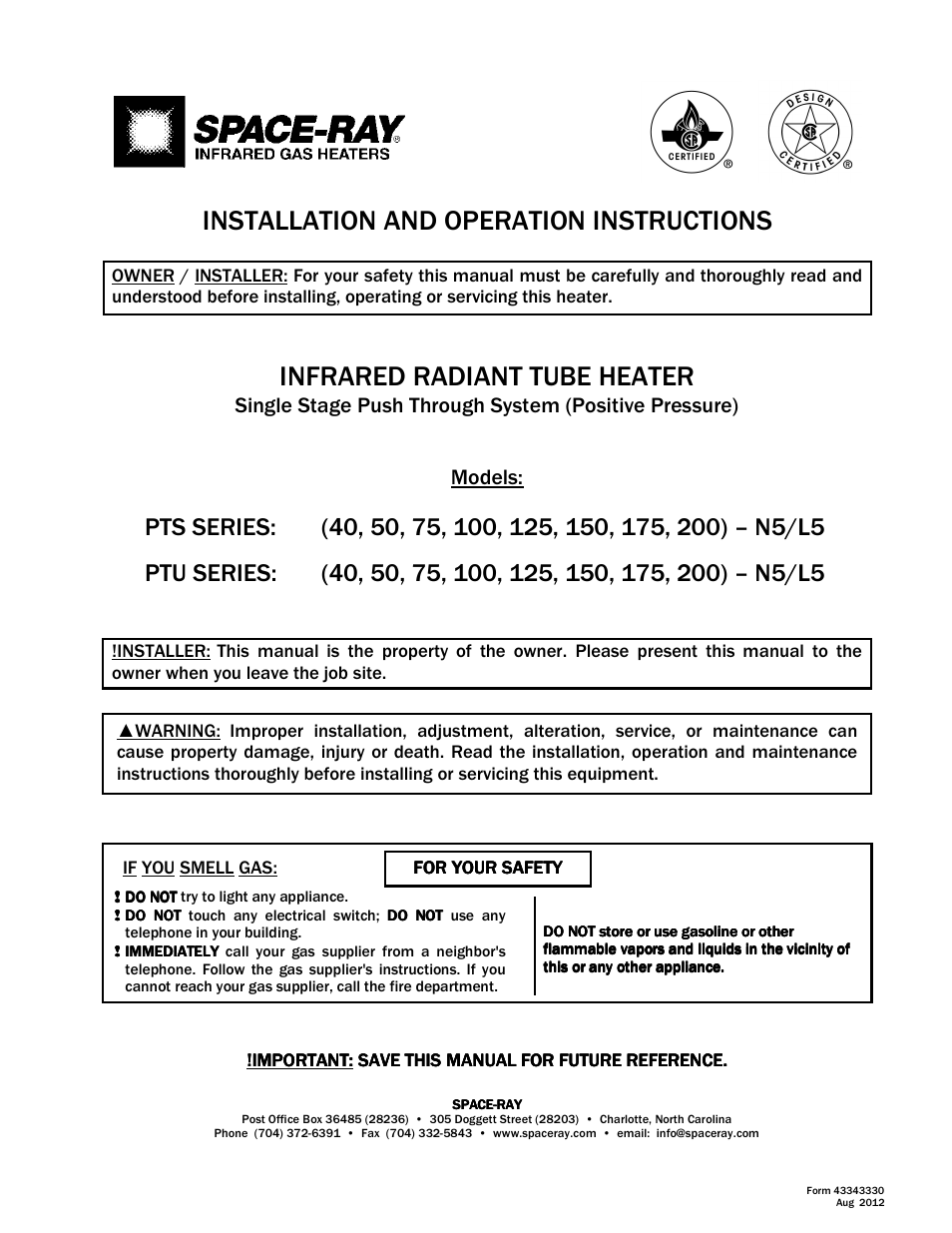 Space Ray PTS Series Single Stage User Manual | 57 pages