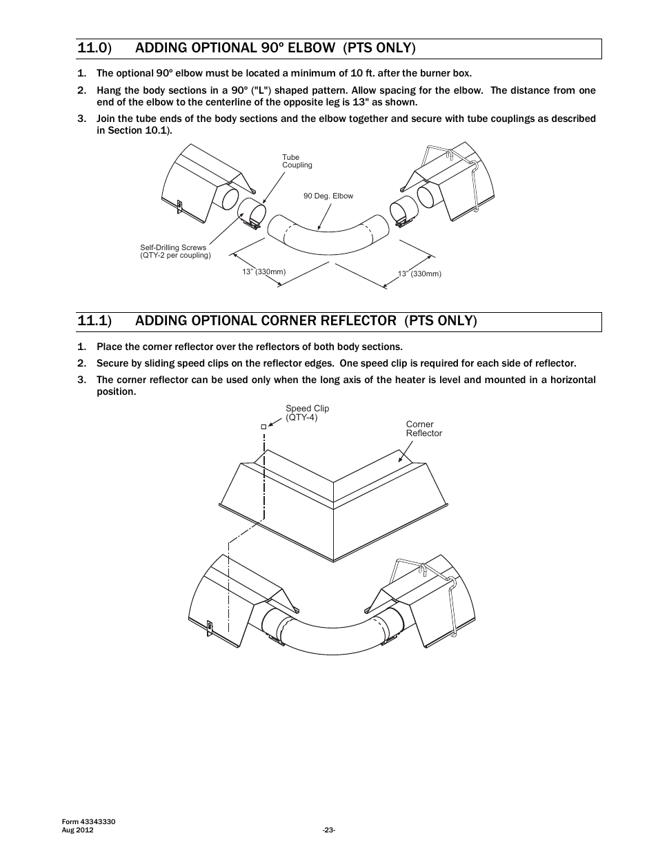 0) adding optional 90º elbow (pts only), 1) adding optional corner reflector (pts only) | Space Ray PTS Series Single Stage User Manual | Page 24 / 57