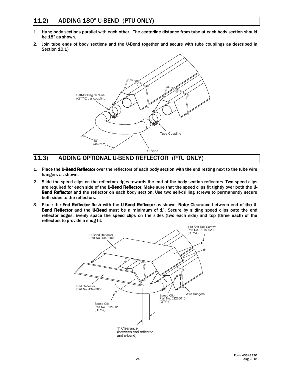 2) adding 180º u-bend (ptu only), 3) adding optional u-bend reflector (ptu only) | Space Ray PTS Series Single Stage User Manual | Page 25 / 57
