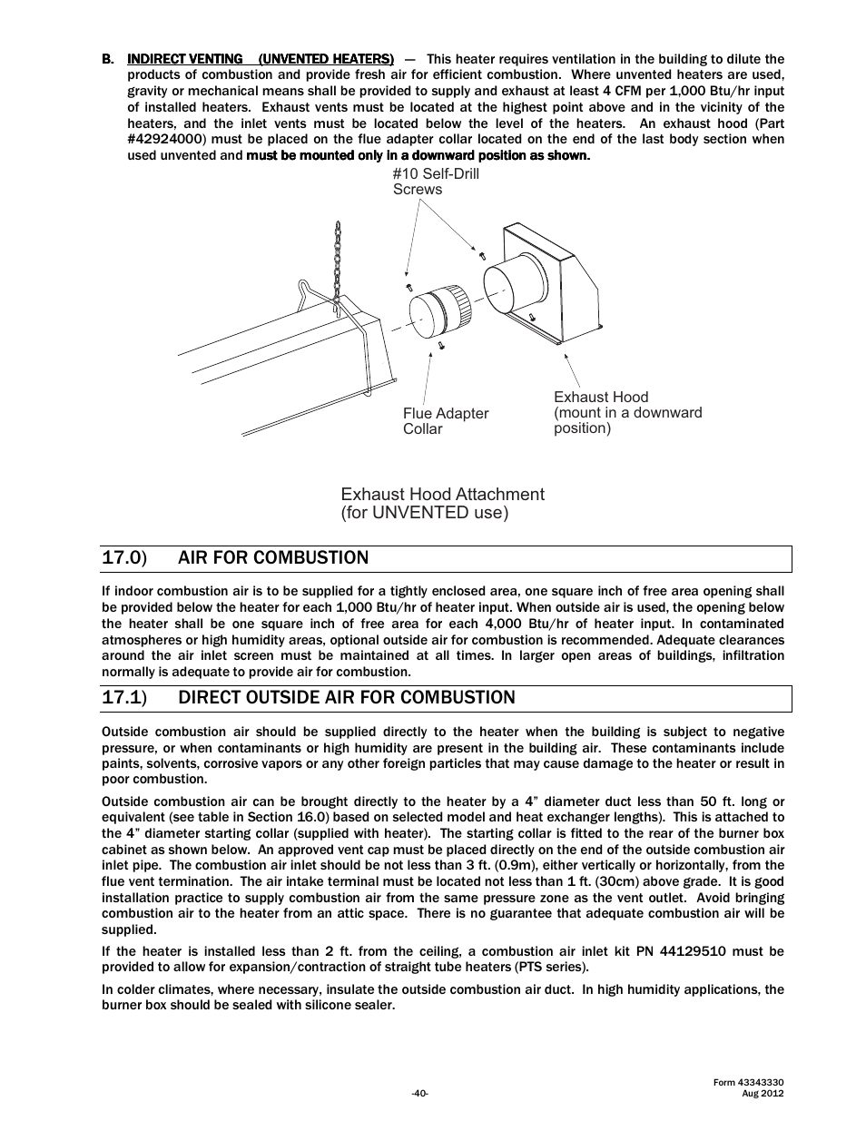 0) air for combustion, 1) direct outside air for combustion | Space Ray PTS Series Single Stage User Manual | Page 41 / 57