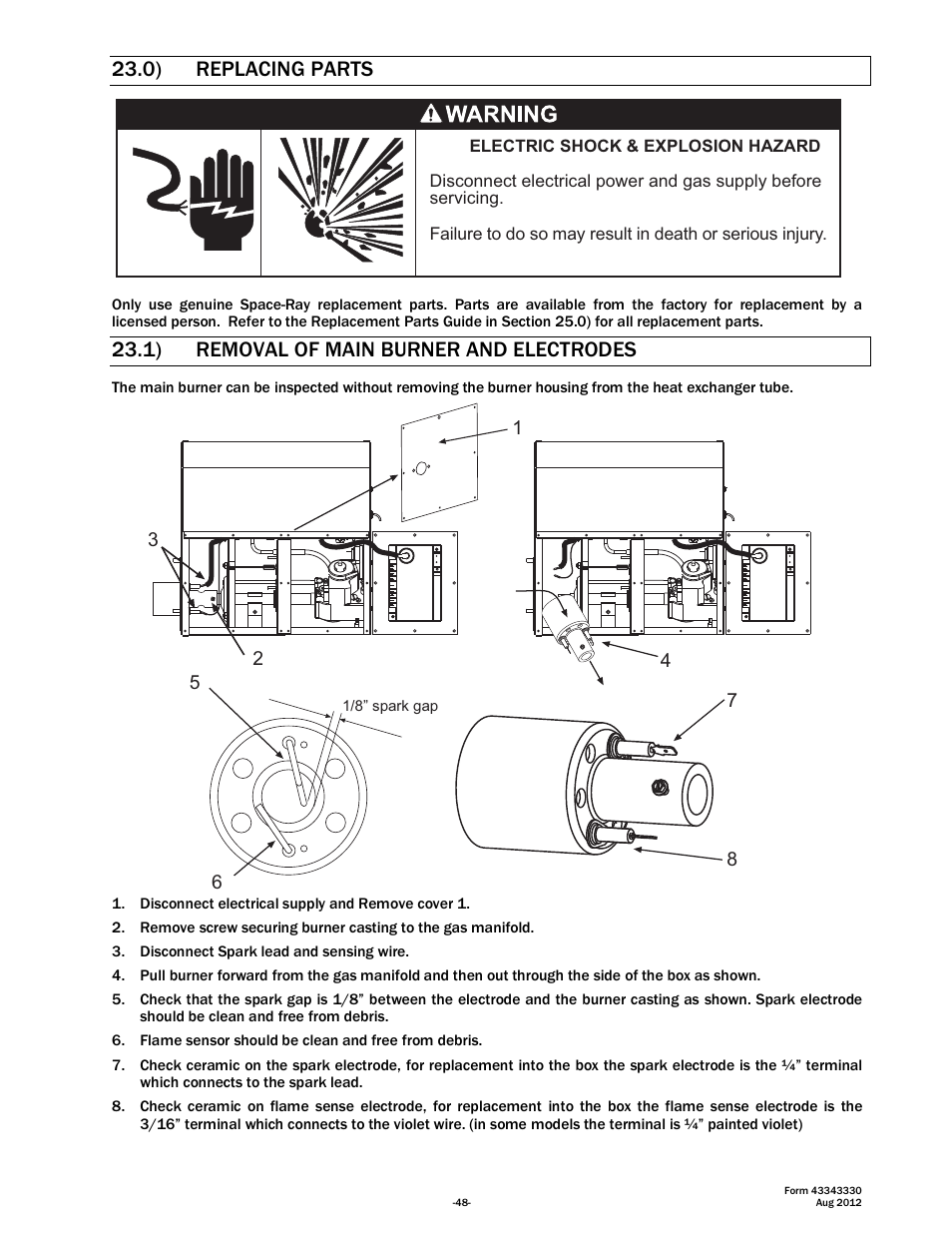 0) replacing parts, 1) removal of main burner and electrodes | Space Ray PTS Series Single Stage User Manual | Page 49 / 57