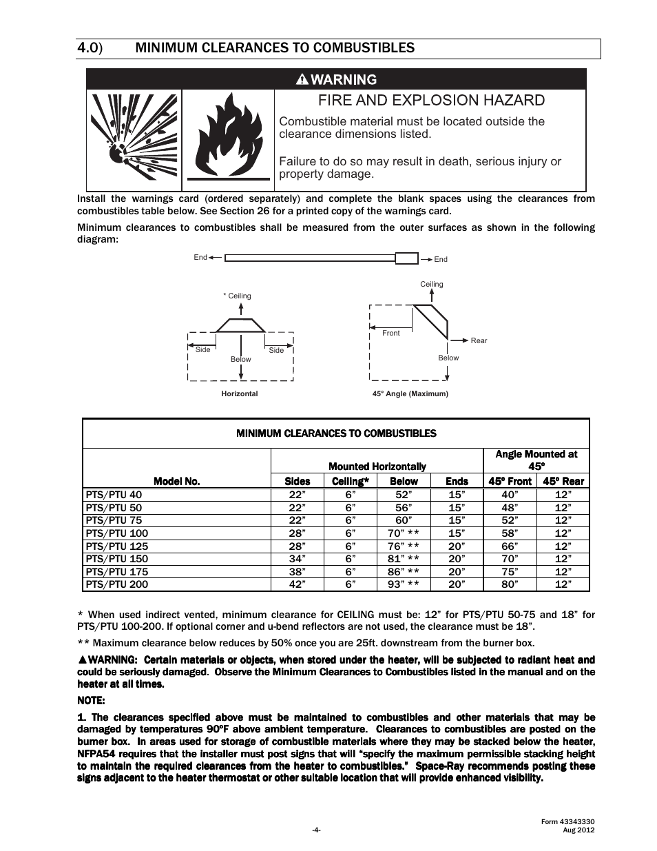 0) minimum clearances to combustibles | Space Ray PTS Series Single Stage User Manual | Page 5 / 57