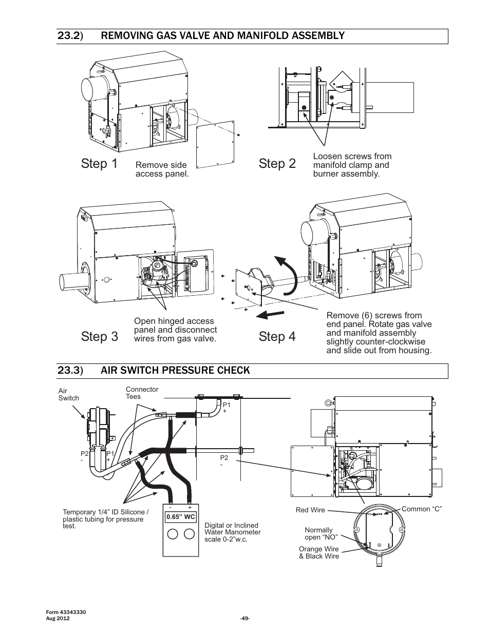 Step 1, Step 3, Step 4 | Step 2, 2) removing gas valve and manifold assembly, 3) air switch pressure check | Space Ray PTS Series Single Stage User Manual | Page 50 / 57