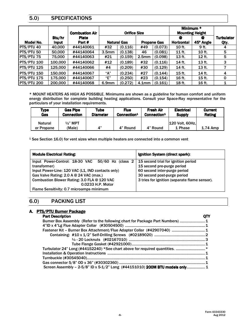 0) specifications, 0) packing list | Space Ray PTS Series Single Stage User Manual | Page 7 / 57