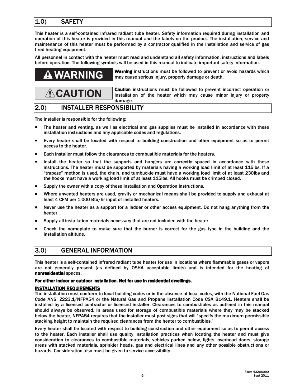 0) safety, 0) installer responsibility, 0) general information | Space Ray RSTP Series User Manual | Page 3 / 39