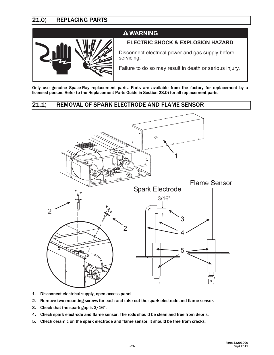 34 5 spark electrode flame sensor, 0) replacing parts, 1) removal of spark electrode and flame sensor | Space Ray RSTP Series User Manual | Page 33 / 39