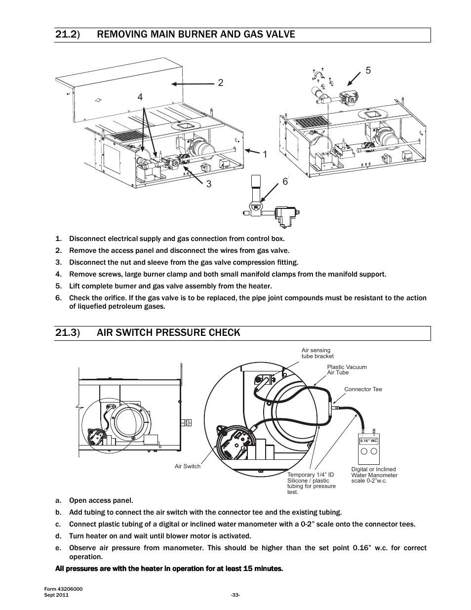 2) removing main burner and gas valve, 3) air switch pressure check | Space Ray RSTP Series User Manual | Page 34 / 39