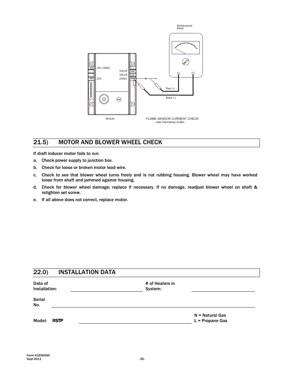 5) motor and blower wheel check, 0) installation data | Space Ray RSTP Series User Manual | Page 36 / 39