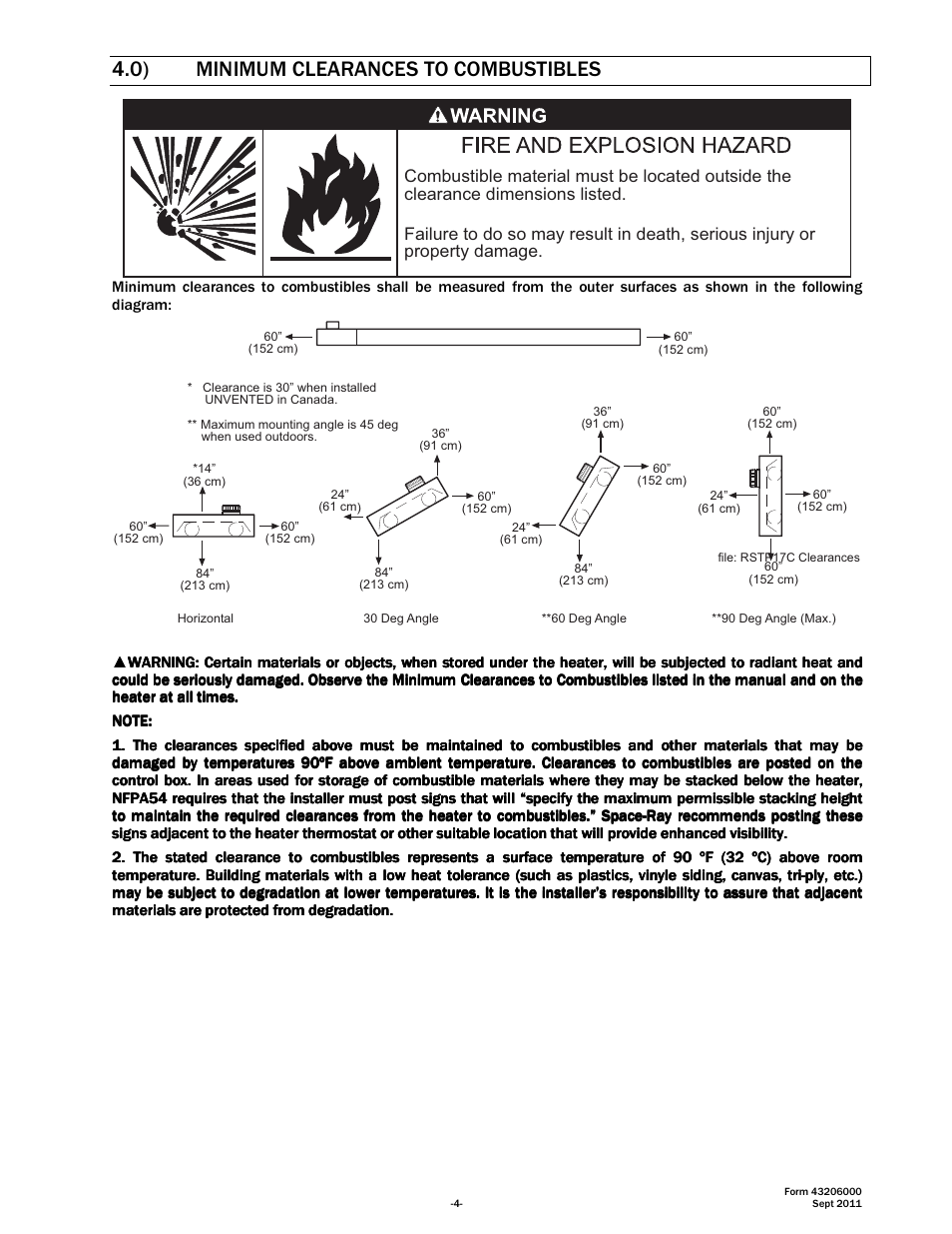 0) minimum clearances to combustibles | Space Ray RSTP Series User Manual | Page 5 / 39