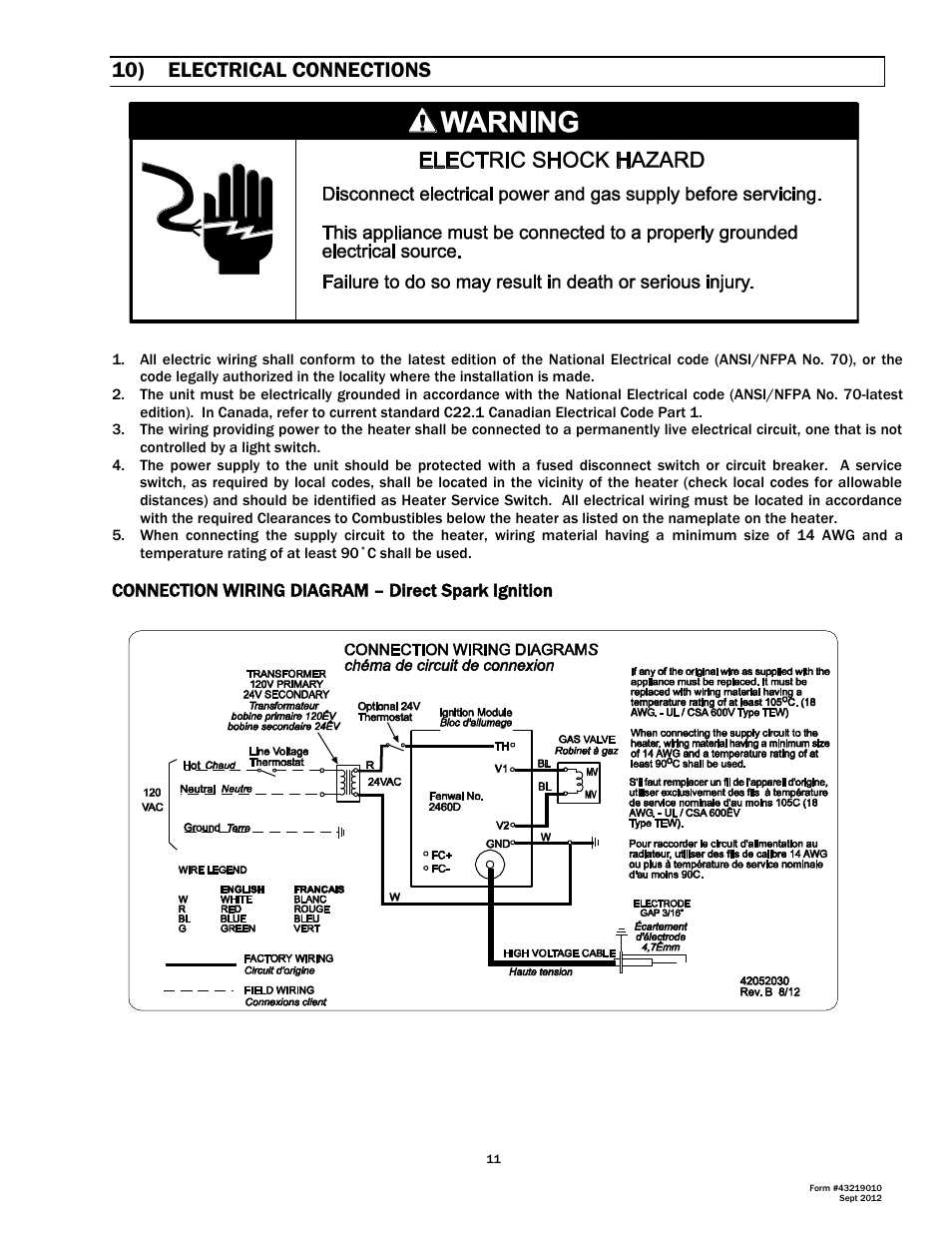 10) electrical connections, Connection wiring diagram – direct spark ignition | Space Ray DK Series User Manual | Page 12 / 22