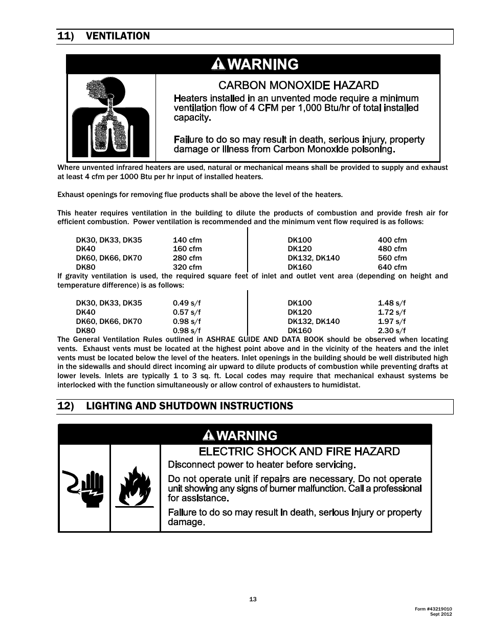 11) ventilation, 12) lighting and shutdown instructions | Space Ray DK Series User Manual | Page 14 / 22