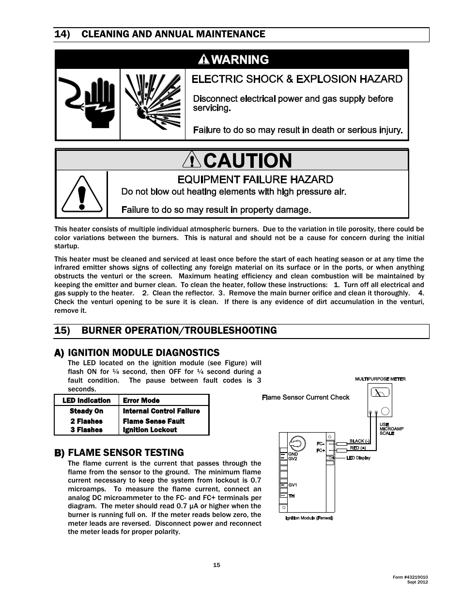 14) cleaning and annual maintenance, 15) burner operation/troubleshooting, A) ignition module diagnostics | B) flame sensor testing | Space Ray DK Series User Manual | Page 16 / 22