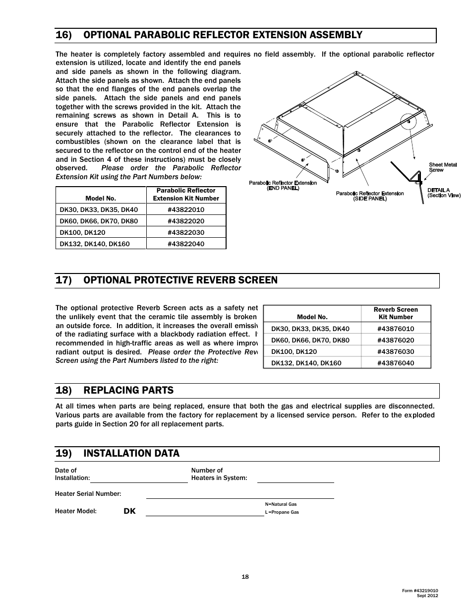 17) optional protective reverb screen, 18) replacing parts, 19) installation data | Space Ray DK Series User Manual | Page 19 / 22