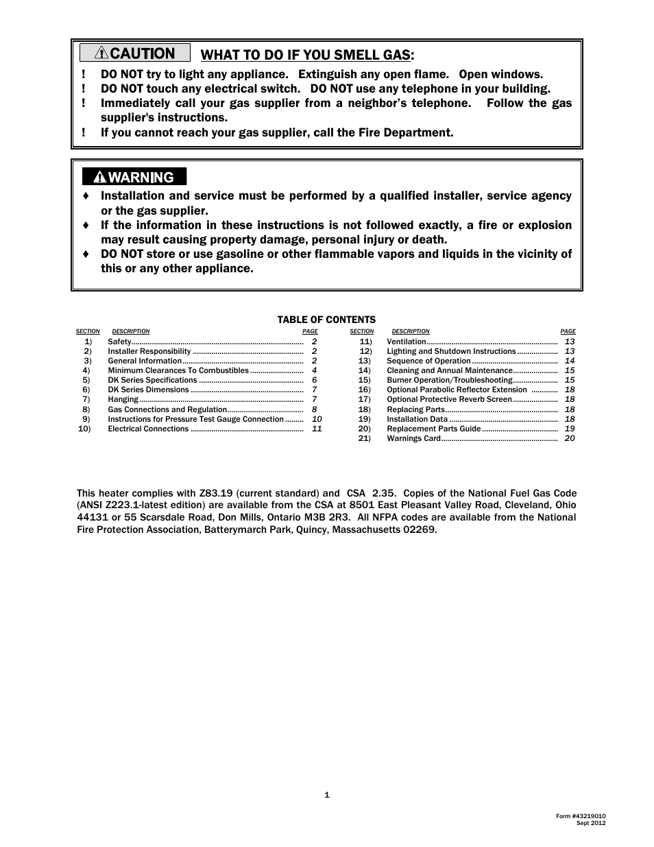 What to do if you smell gas | Space Ray DK Series User Manual | Page 2 / 22