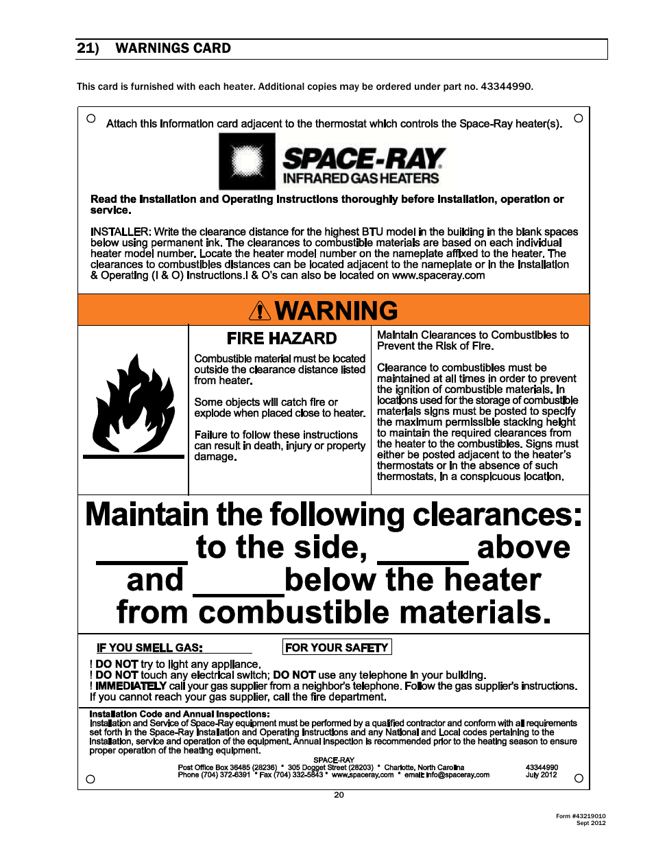 21) warnings card | Space Ray DK Series User Manual | Page 21 / 22