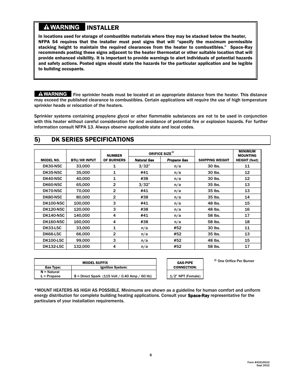 5) dk series specifications, Installer | Space Ray DK Series User Manual | Page 7 / 22