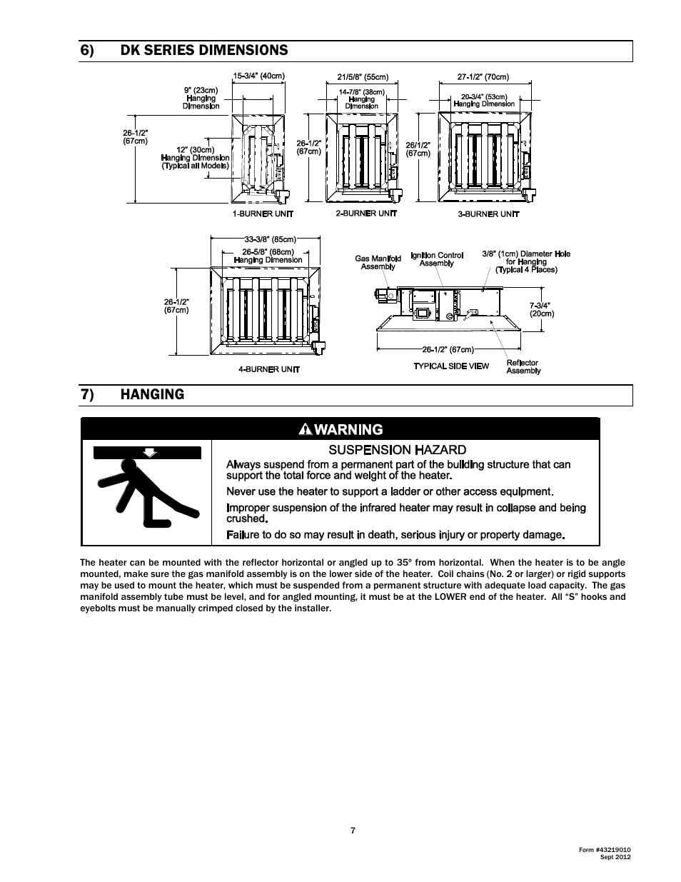 6) dk series dimensions, 7) hanging | Space Ray DK Series User Manual | Page 8 / 22