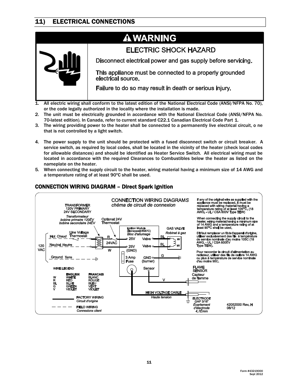 11) electrical connections, Connection wiring diagram – direct spark ignition | Space Ray RSCA Series User Manual | Page 12 / 29