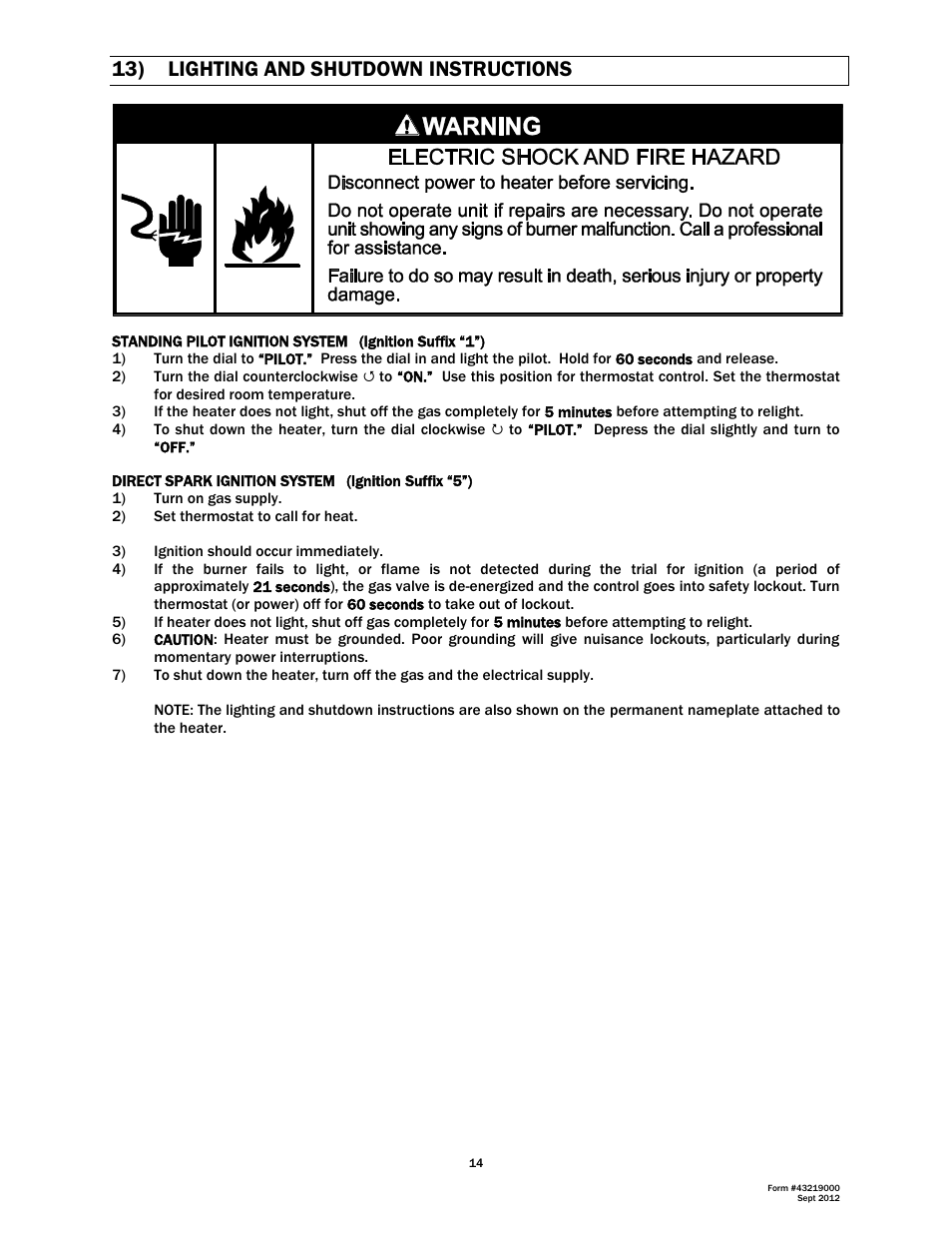 13) lighting and shutdown instructions | Space Ray RSCA Series User Manual | Page 15 / 29