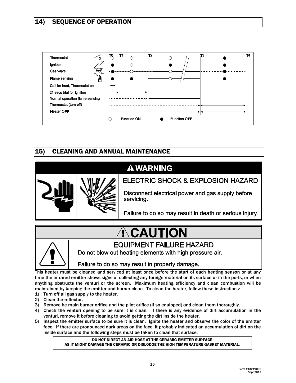 14) sequence of operation, 15) cleaning and annual maintenance | Space Ray RSCA Series User Manual | Page 16 / 29