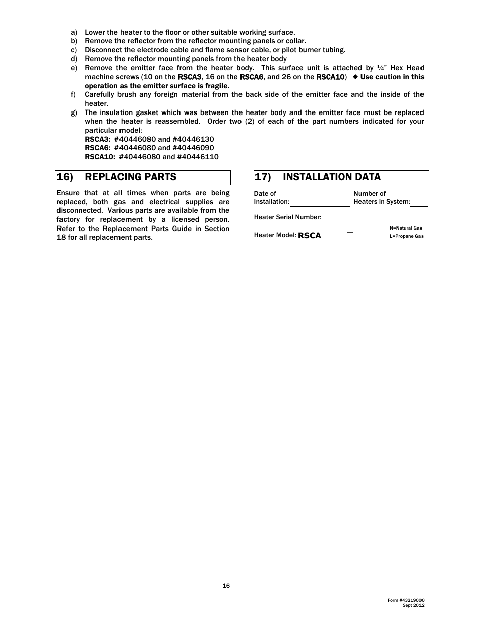 16) replacing parts, 17) installation data | Space Ray RSCA Series User Manual | Page 17 / 29