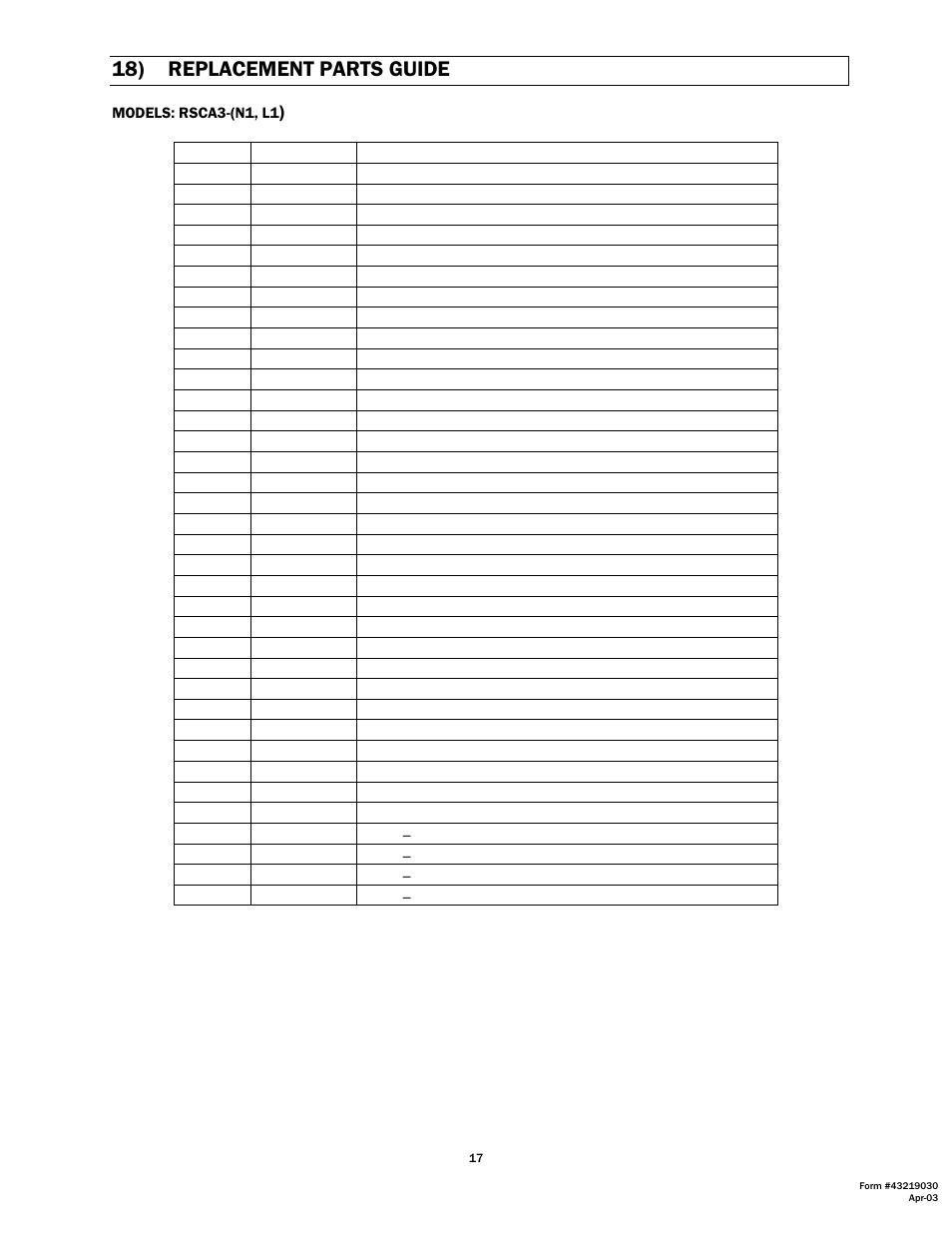 18) replacement parts guide | Space Ray RSCA Series User Manual | Page 18 / 29