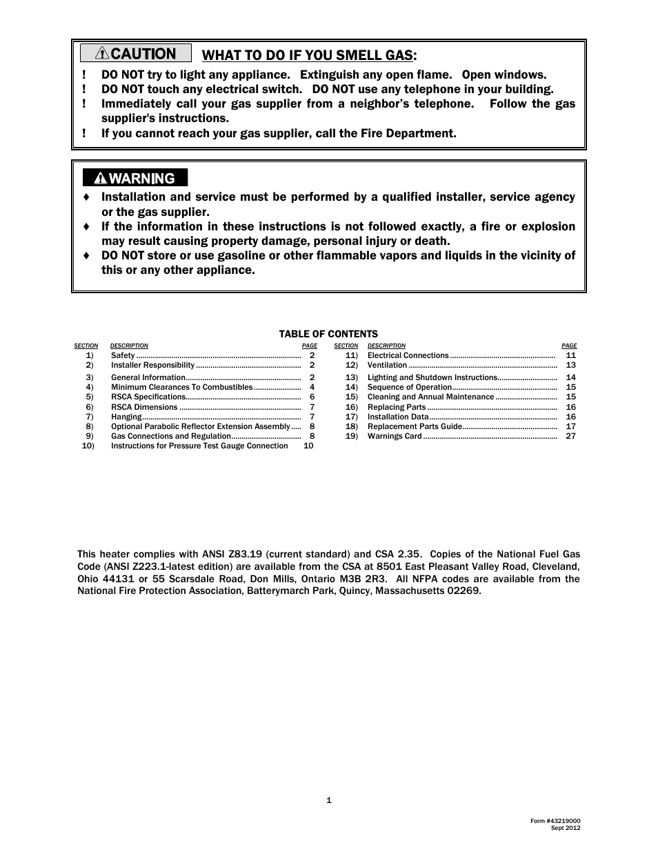 What to do if you smell gas | Space Ray RSCA Series User Manual | Page 2 / 29