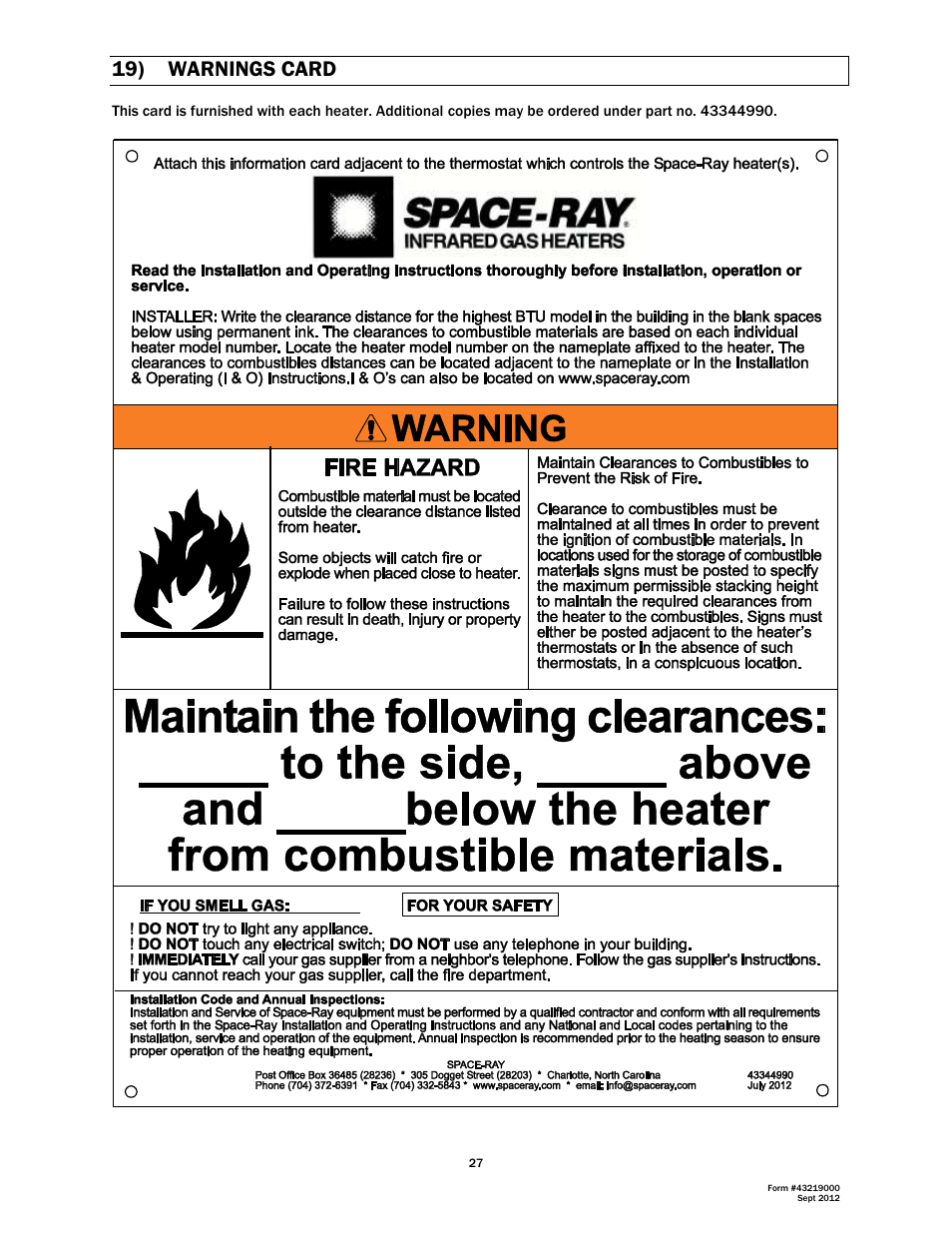 19) warnings card | Space Ray RSCA Series User Manual | Page 28 / 29