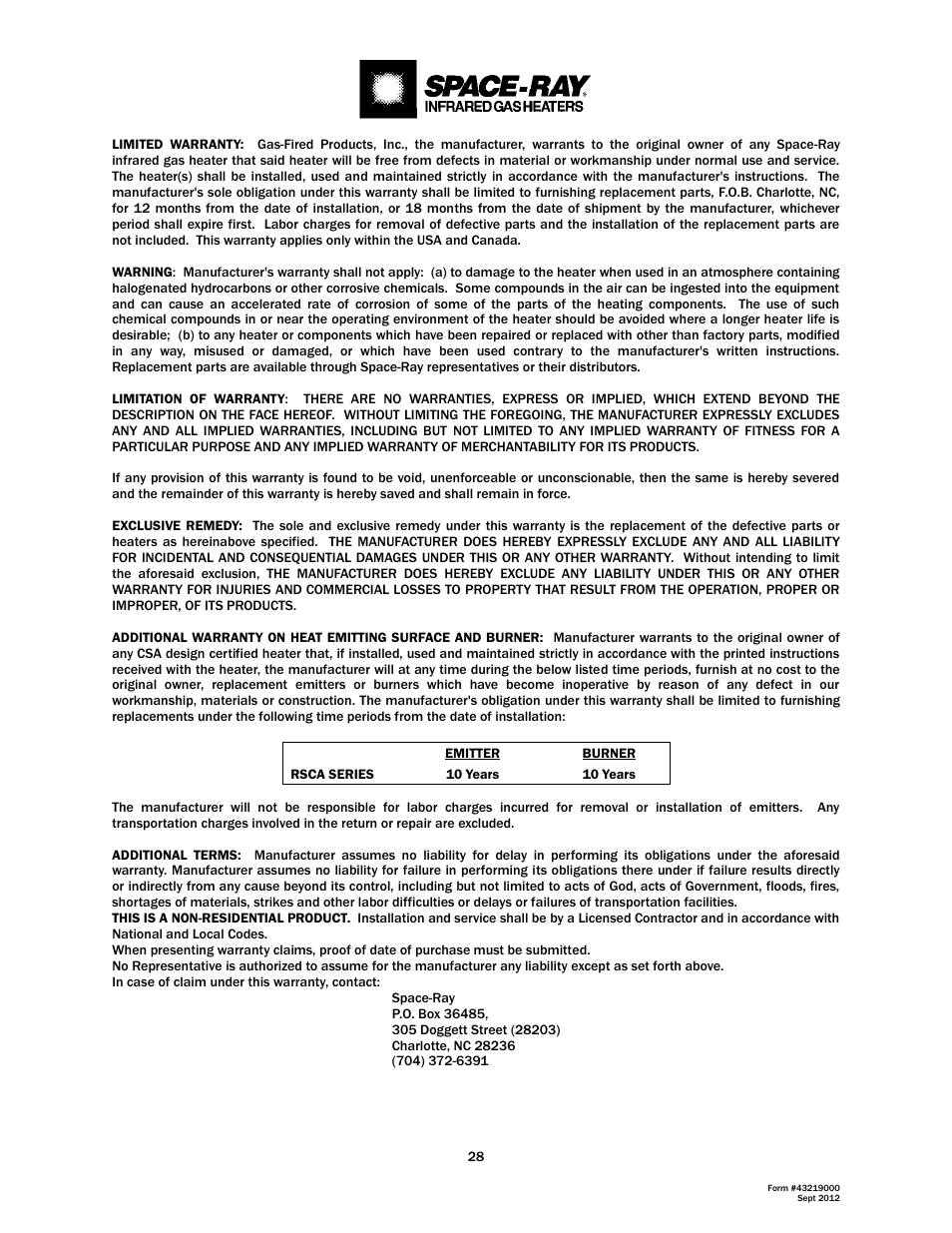 Space Ray RSCA Series User Manual | Page 29 / 29