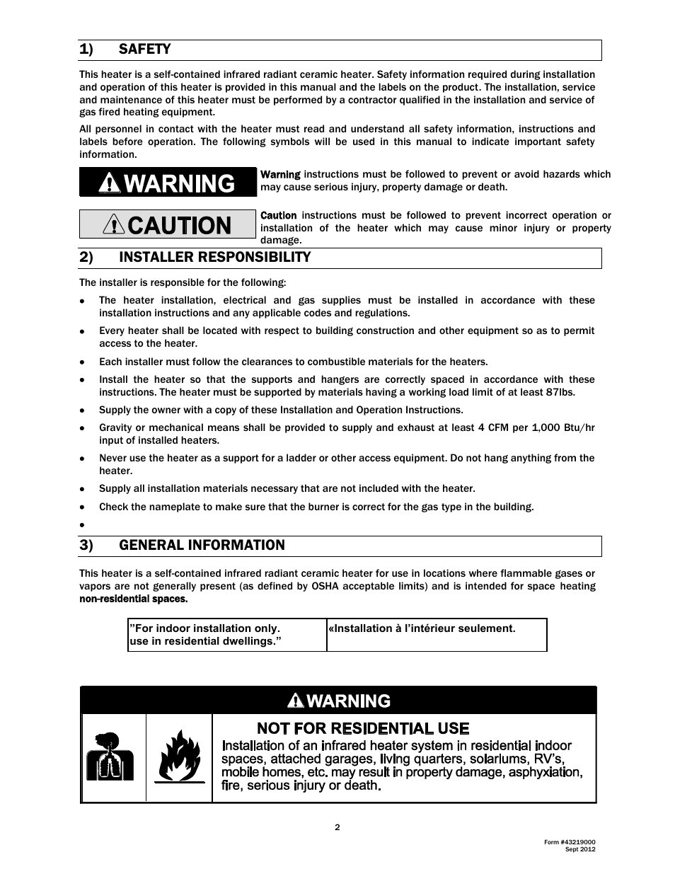 1) safety, 2) installer responsibility, 3) general information | Space Ray RSCA Series User Manual | Page 3 / 29